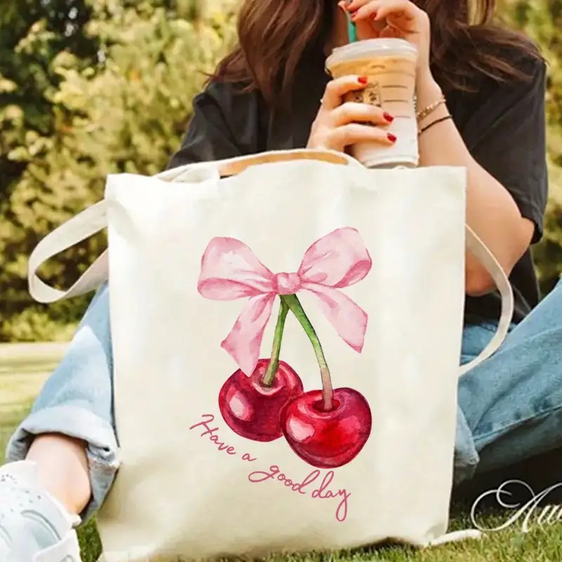 Shopper Tote Canvas - Холщовая большая сумка с вишневым бантом,